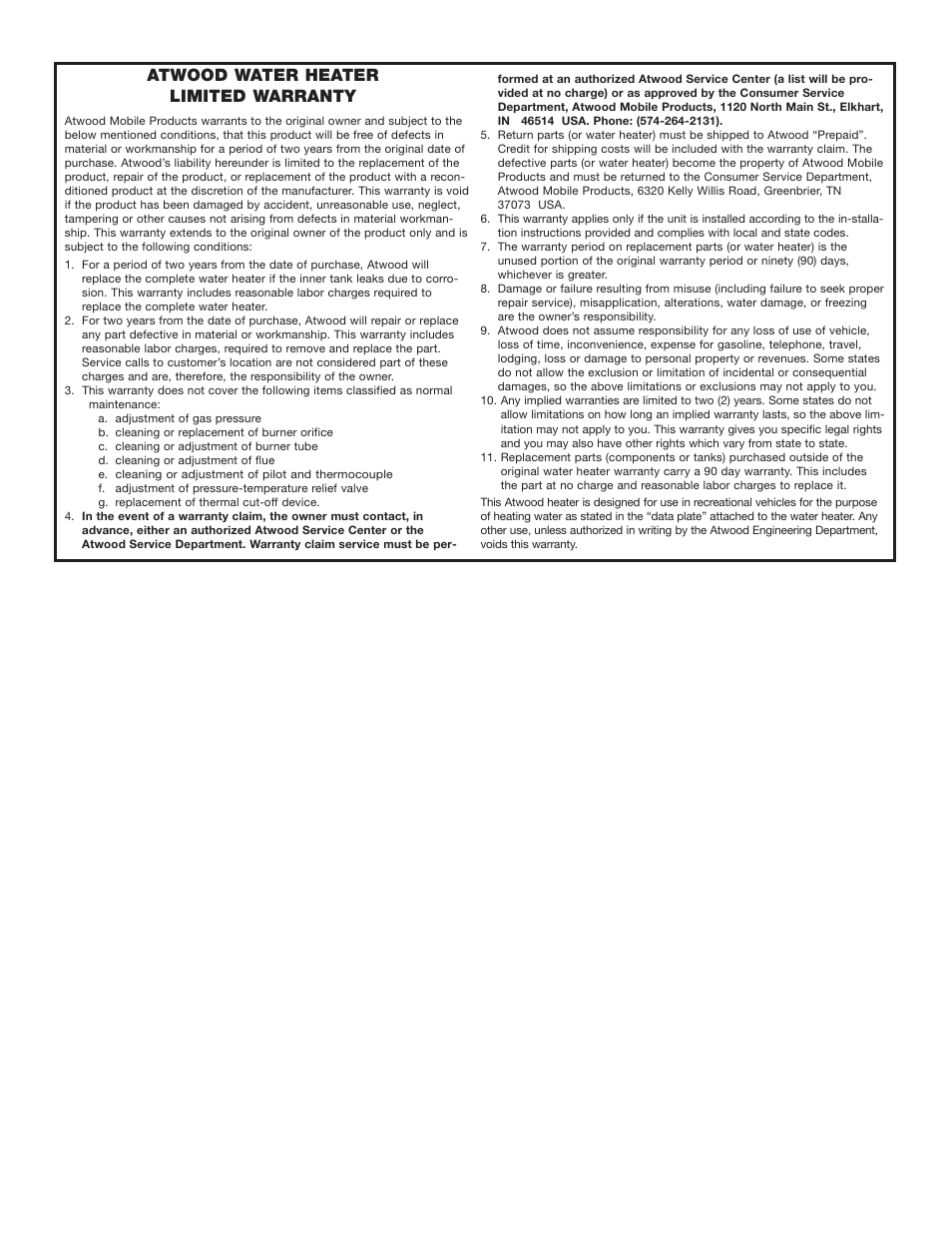 Atwood water heater limited warranty | Atwood Mobile Products 4-E User Manual | Page 9 / 9