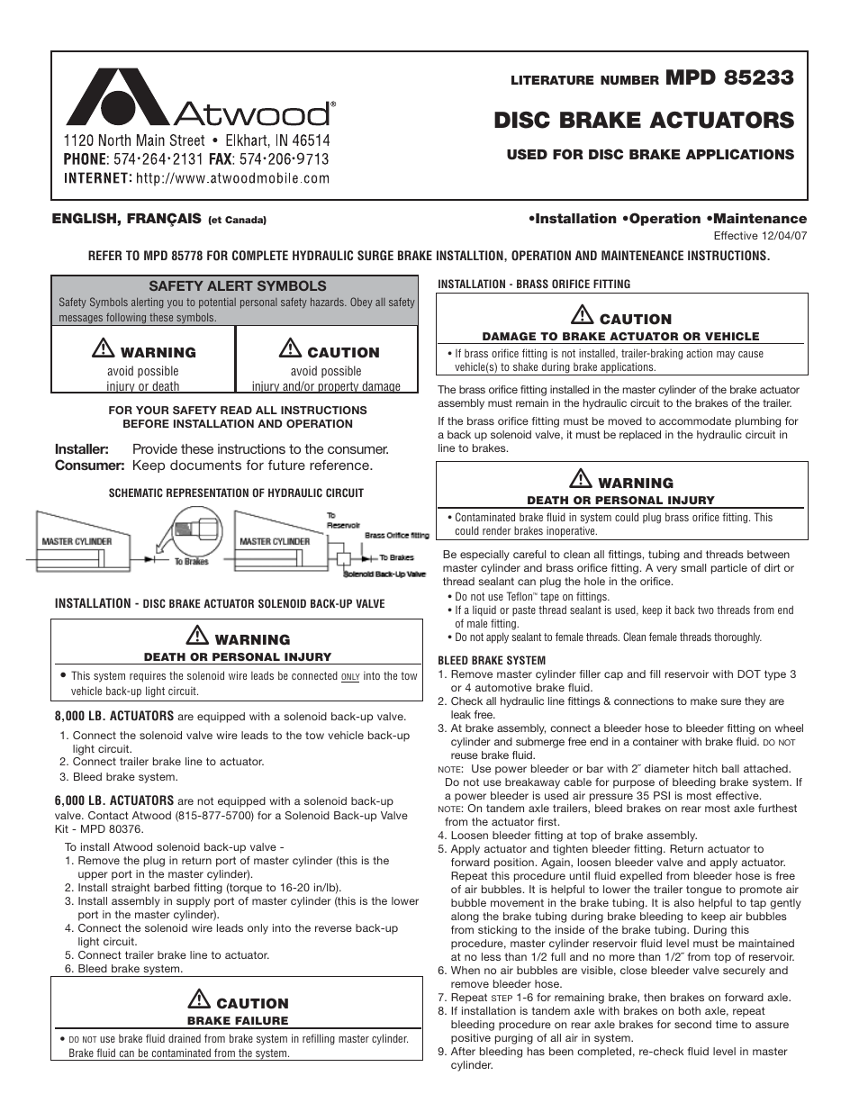 Atwood Mobile Products MPD 85233 User Manual | 1 page