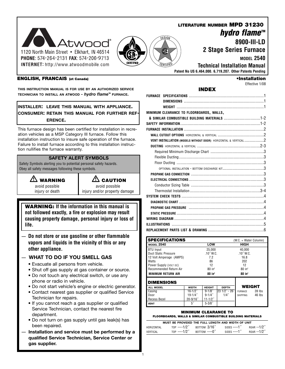 Atwood Mobile Products HYDRO FLAME 2540 User Manual | 6 pages