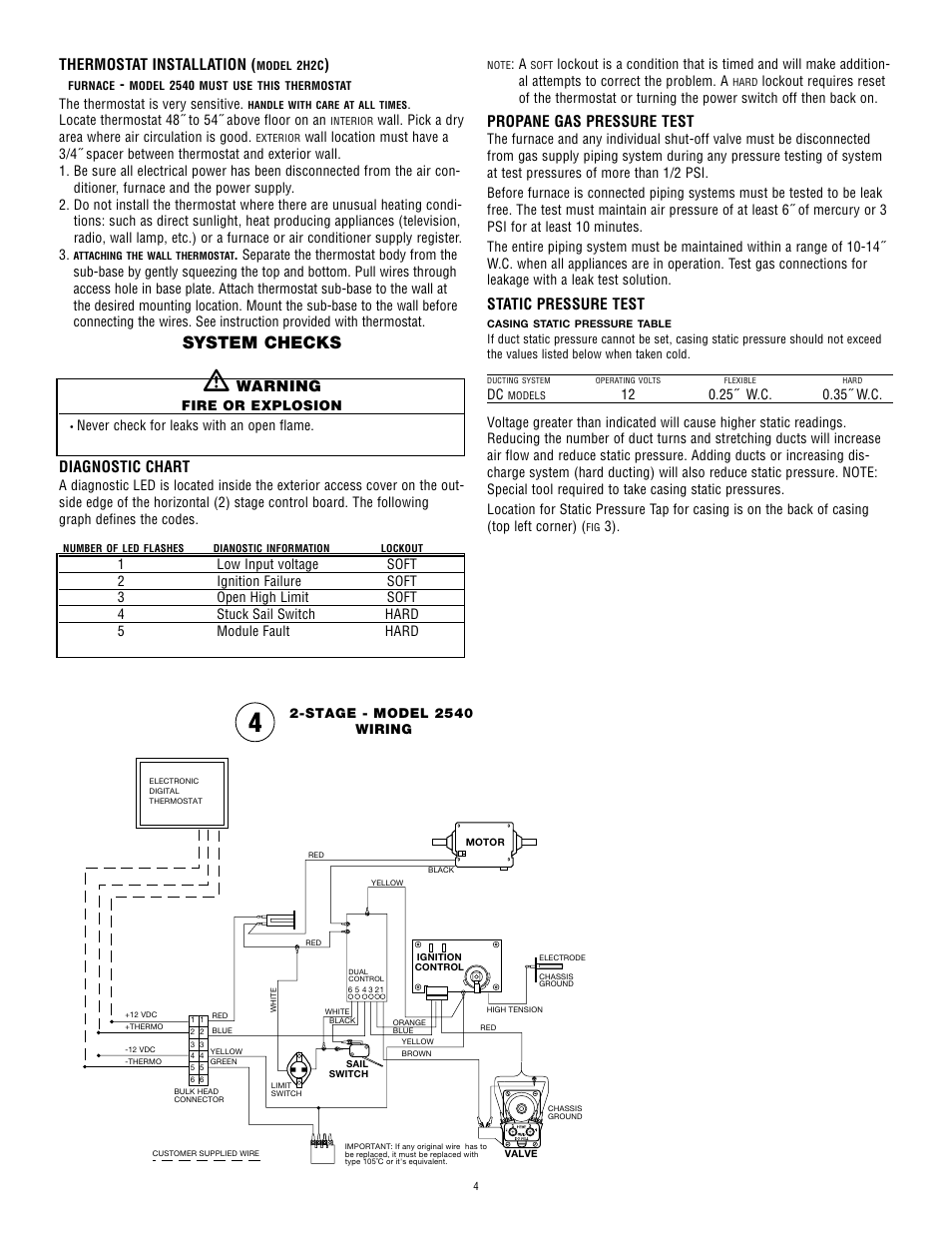 System checks, Thermostat installation, Warning | Diagnostic chart, Propane gas pressure test, Static pressure test | Atwood Mobile Products HYDRO FLAME 2540 User Manual | Page 4 / 6