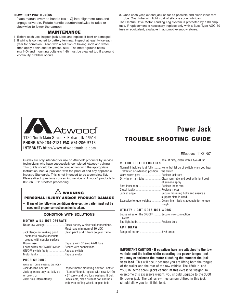 Power jack, Trouble shooting guide, Maintenance | Atwood Mobile Products MPD 87083 User Manual | Page 2 / 5