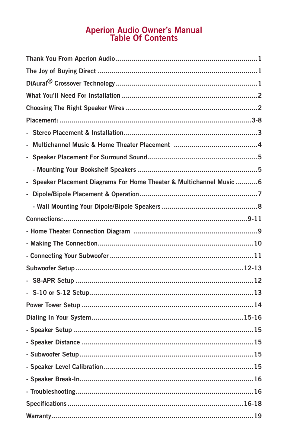 Aperion audio owner’s manual table of contents | Aperion Audio Intimus Series User Manual | Page 2 / 21