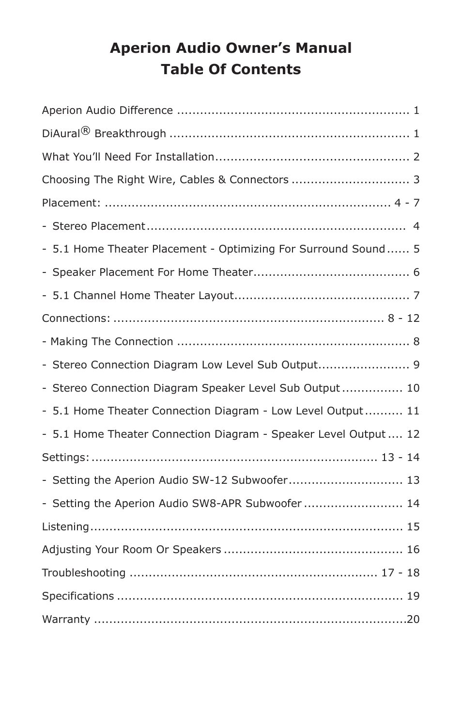 Aperion audio owner’s manual table of contents | Aperion Audio SW-12 User Manual | Page 2 / 23