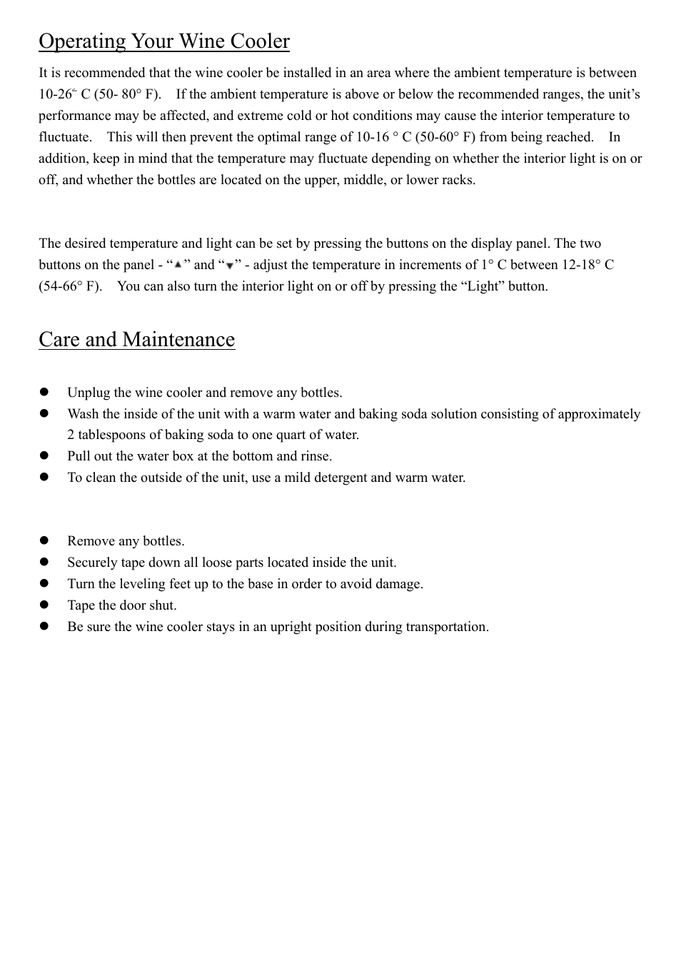 Operating your wine cooler, Care and maintenance | NewAir Thermoelectric Wine Cooler AW-280E User Manual | Page 4 / 5