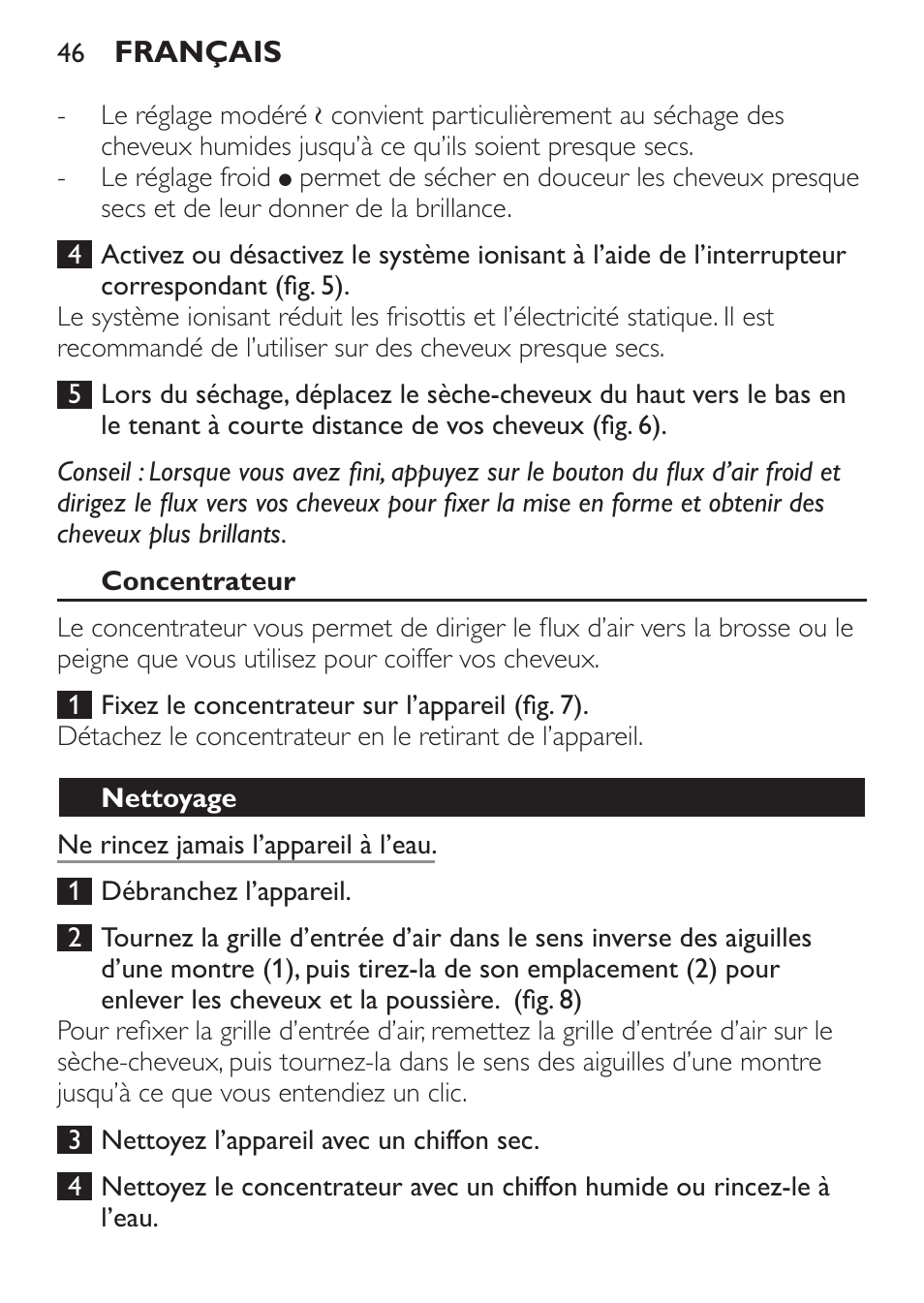 Concentrateur, Nettoyage | Philips Haartrockner User Manual | Page 46 / 88