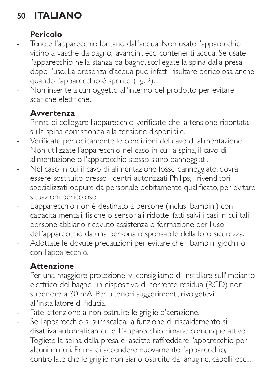 Pericolo, Avvertenza, Attenzione | Philips Haartrockner User Manual | Page 50 / 88