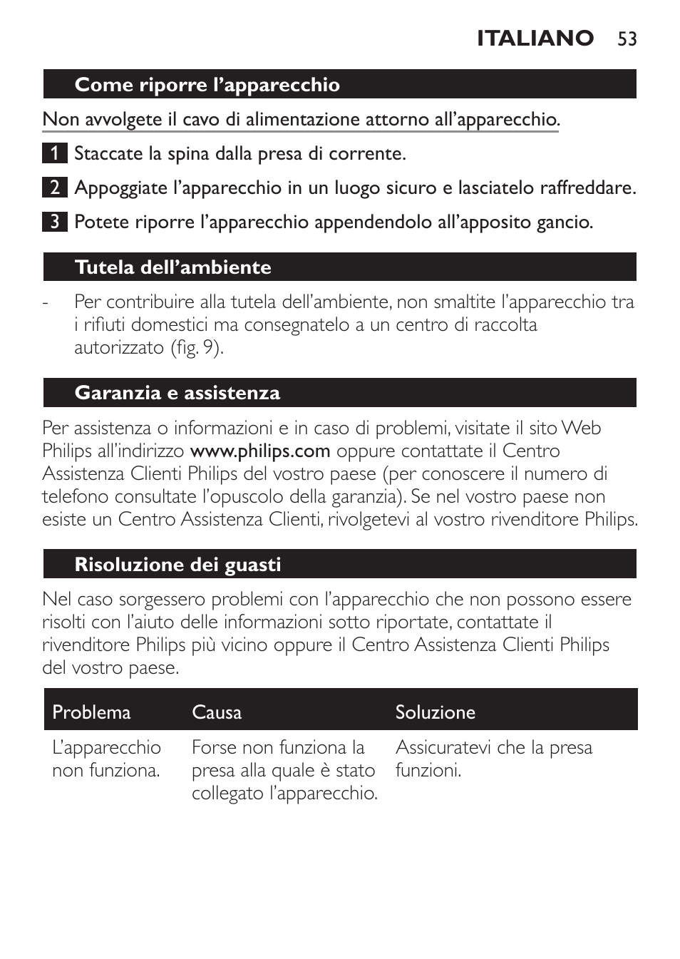 Come riporre l’apparecchio, Tutela dell’ambiente, Garanzia e assistenza | Risoluzione dei guasti | Philips Haartrockner User Manual | Page 53 / 88