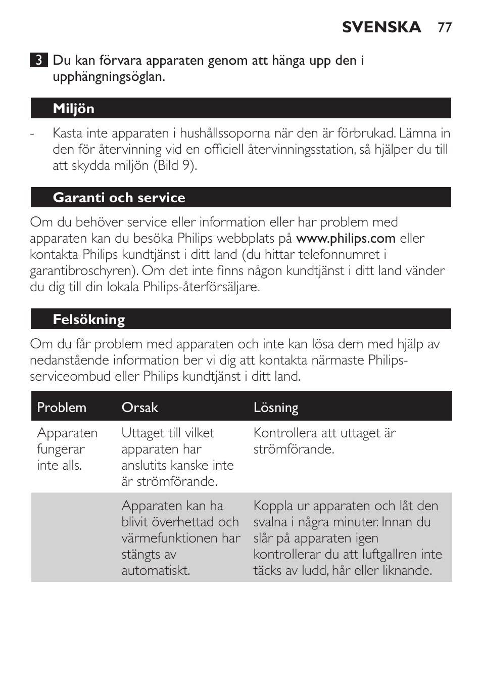 Miljön, Garanti och service, Felsökning | Philips Haartrockner User Manual | Page 77 / 88