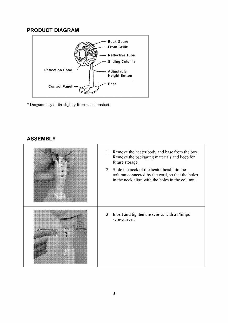 Product diagram, Assembly | NewAir AH-320E User Manual | Page 4 / 7