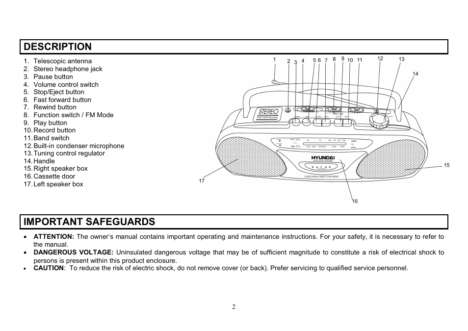 Description, Important safeguards | Hyundai H-1203 User Manual | Page 2 / 13