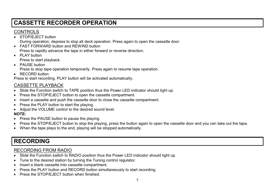 Cassette recorder operation, Recording | Hyundai H-1203 User Manual | Page 5 / 13