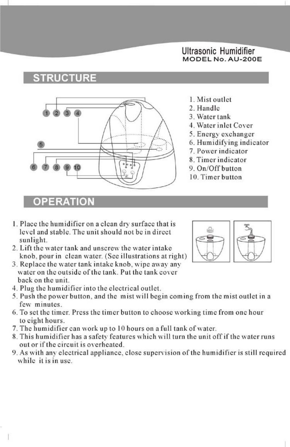 Ultrasonic humidifier, Structure, Operation | NewAir AU-200E User Manual | Page 2 / 4