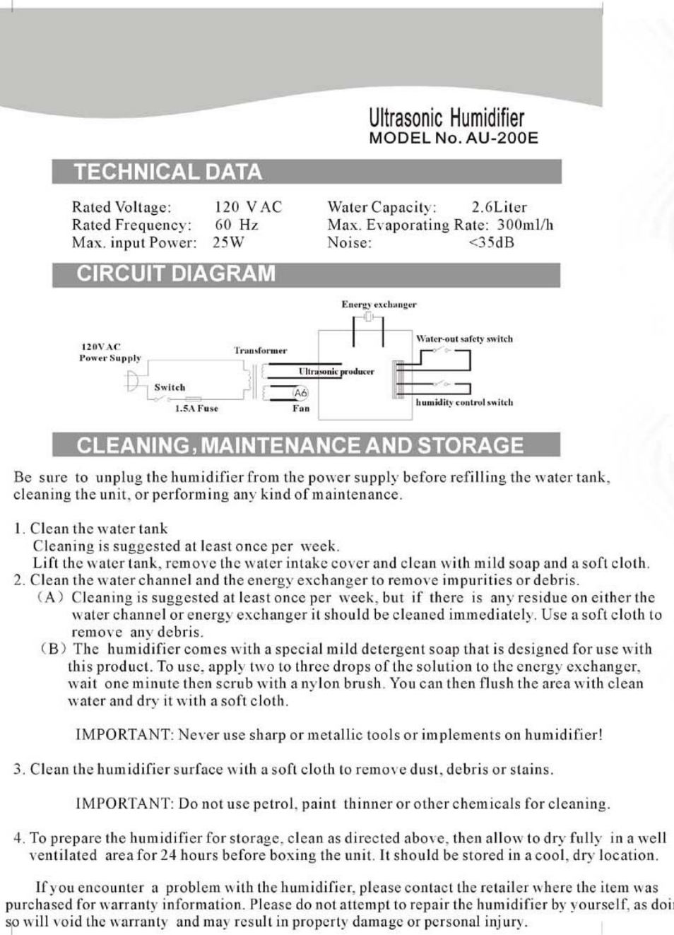 Ultrasonic humidifier, Technical data, Circuit diagram | Cleaning, maintenance and storage | NewAir AU-200E User Manual | Page 4 / 4