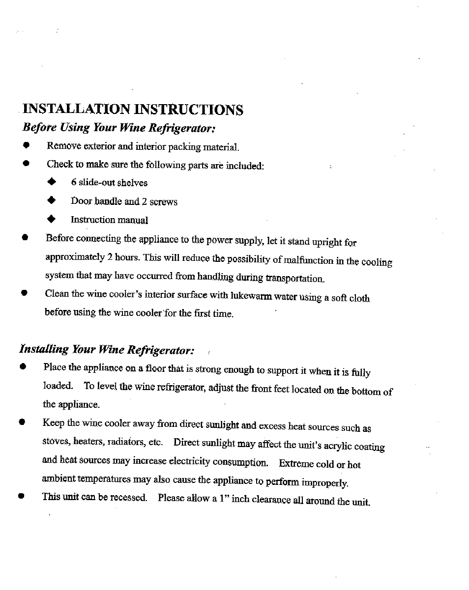 Installation instructions, Before using your wine refrigerator, Installing your wine refrigerator | NewAir AW-281E User Manual | Page 2 / 8