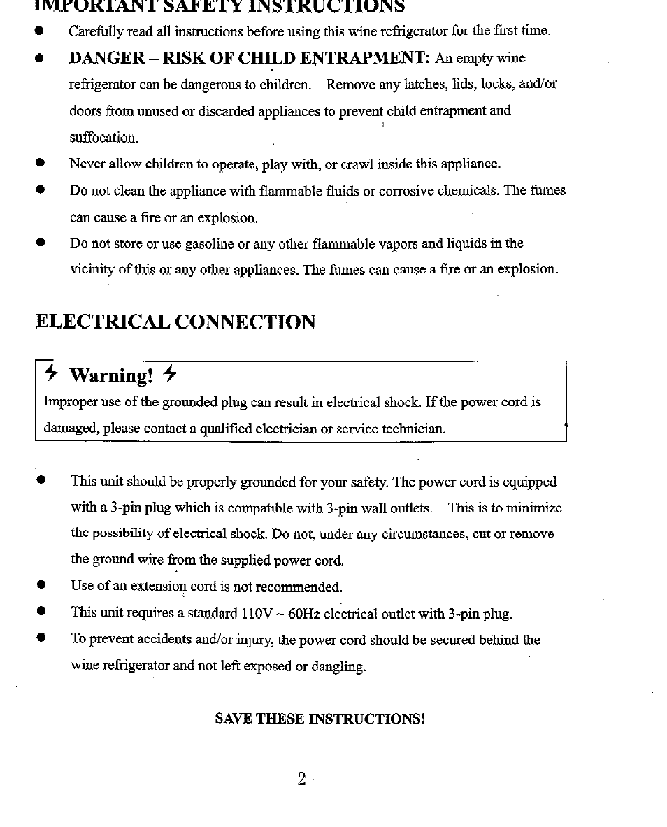 Liviruklatn 1 y iinsikuc iiuins, Electrical connection 'v warning, Danger - risk of child entrapment | NewAir AW-281E User Manual | Page 4 / 8