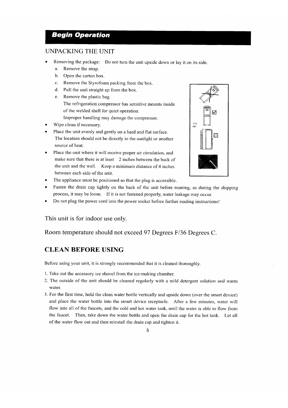 Begin operation, Unpacking the unit | NewAir AI-400 Series User Manual | Page 7 / 18