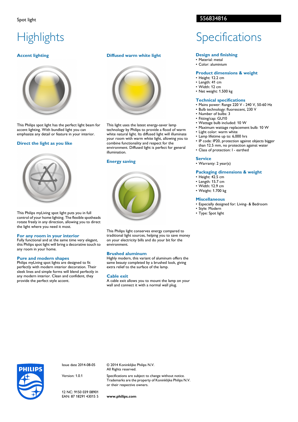 Highlights, Specifications | Philips myLiving Spot User Manual | Page 2 / 2