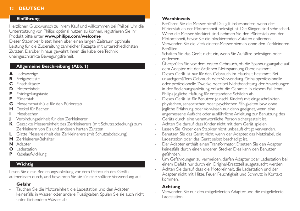 Deutsch, Einführung, Allgemeine beschreibung (abb. 1) | Wichtig | Philips Robust Collection Stabmixer User Manual | Page 12 / 36