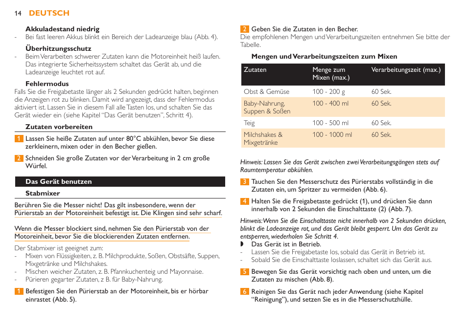 Zutaten vorbereiten, Lichtanzeigen, Laden | Akkus vollständig aufgeladen, Akkuladestand niedrig, Überhitzungsschutz, Fehlermodus, Das gerät benutzen, Stabmixer | Philips Robust Collection Stabmixer User Manual | Page 14 / 36