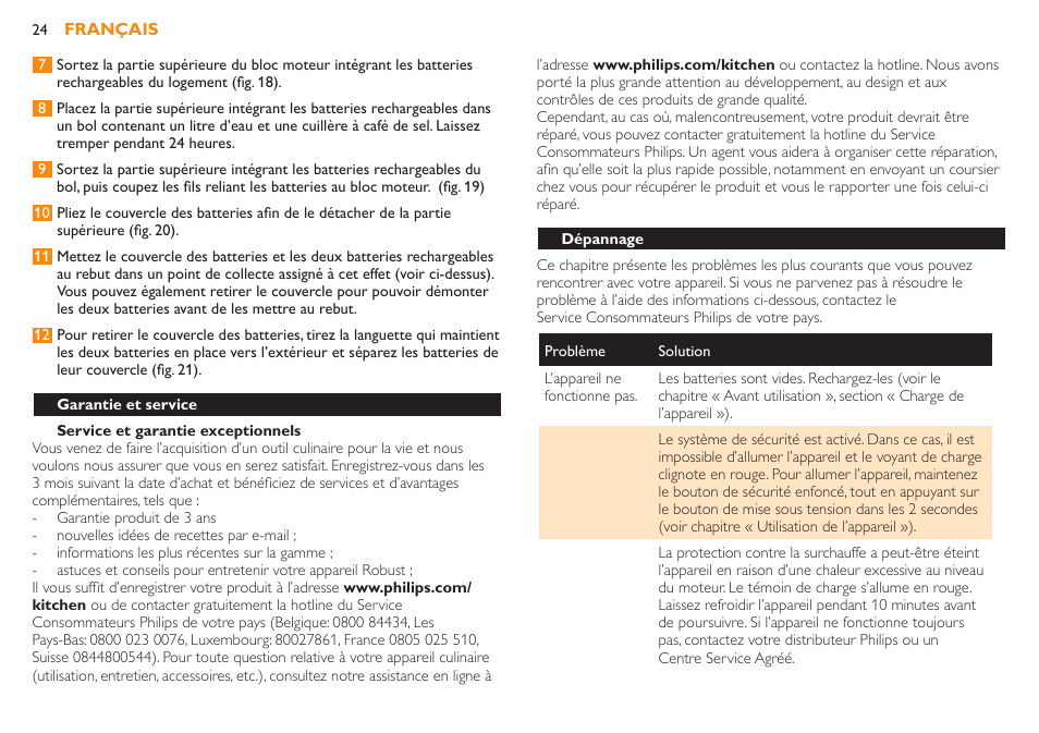 Rangement, Environnement, Mise au rebut de la batterie | Philips Robust Collection Stabmixer User Manual | Page 24 / 36