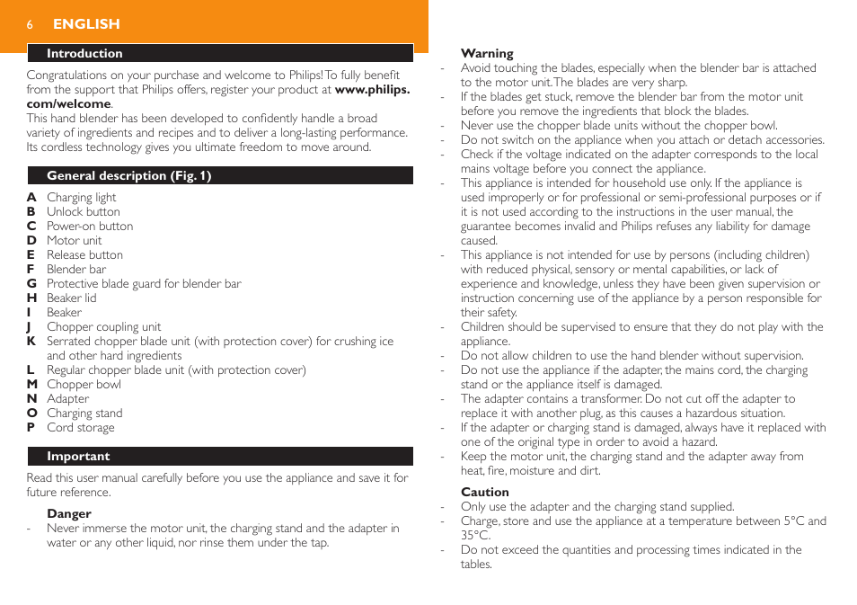 English, Introduction, General description (fig. 1) | Important, Danger | Philips Robust Collection Stabmixer User Manual | Page 6 / 36
