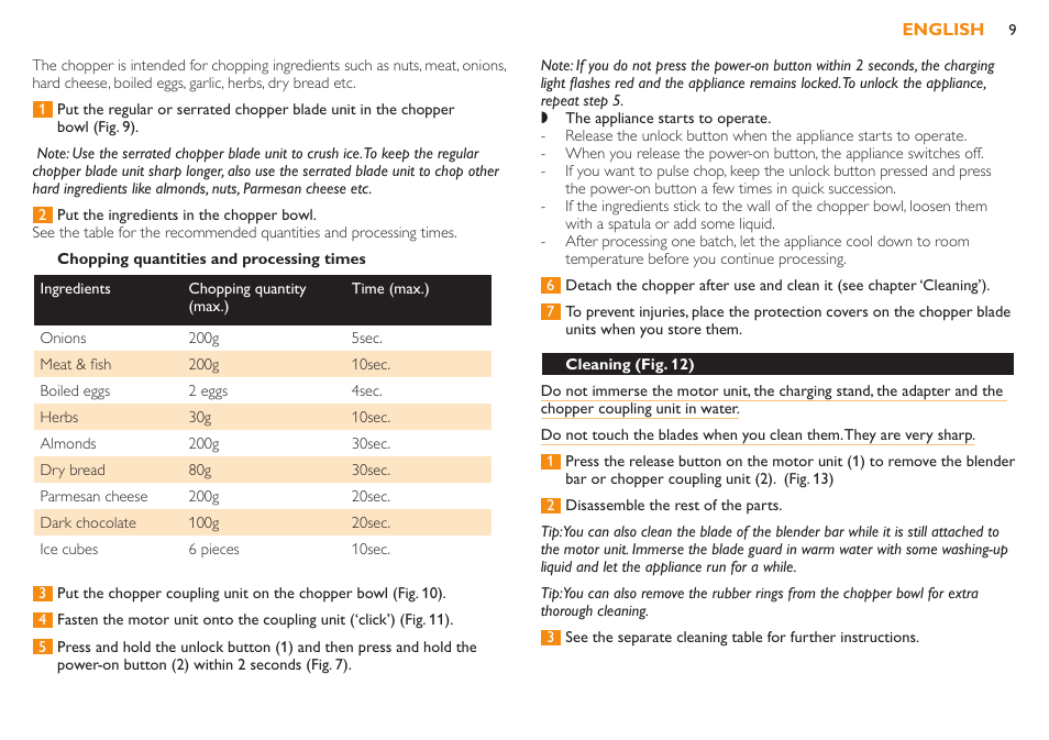 Chopping quantities and processing times | Philips Robust Collection Stabmixer User Manual | Page 9 / 36