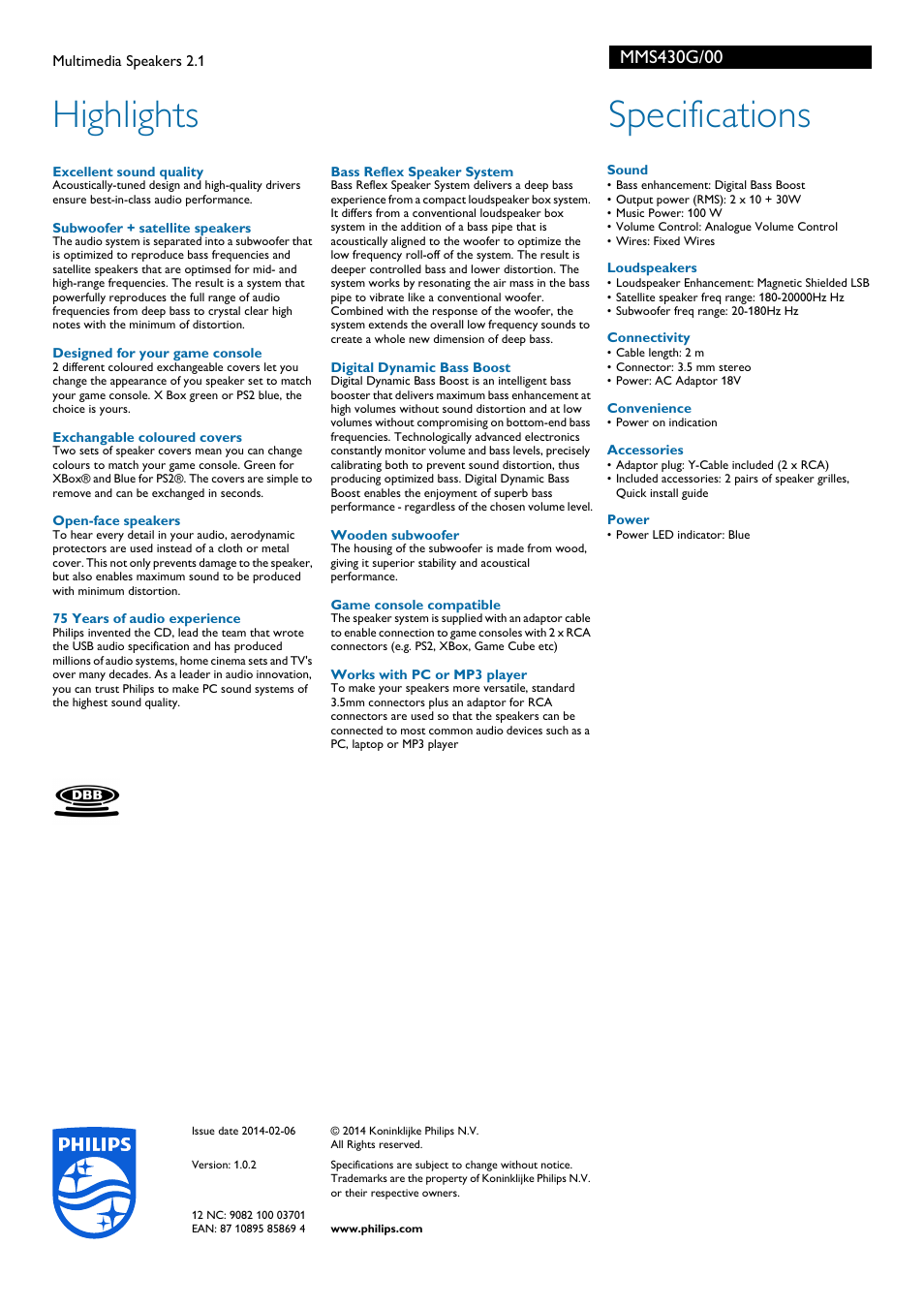 Highlights, Specifications | Philips Multimedia-Lautsprecher 2.1 User Manual | Page 2 / 2