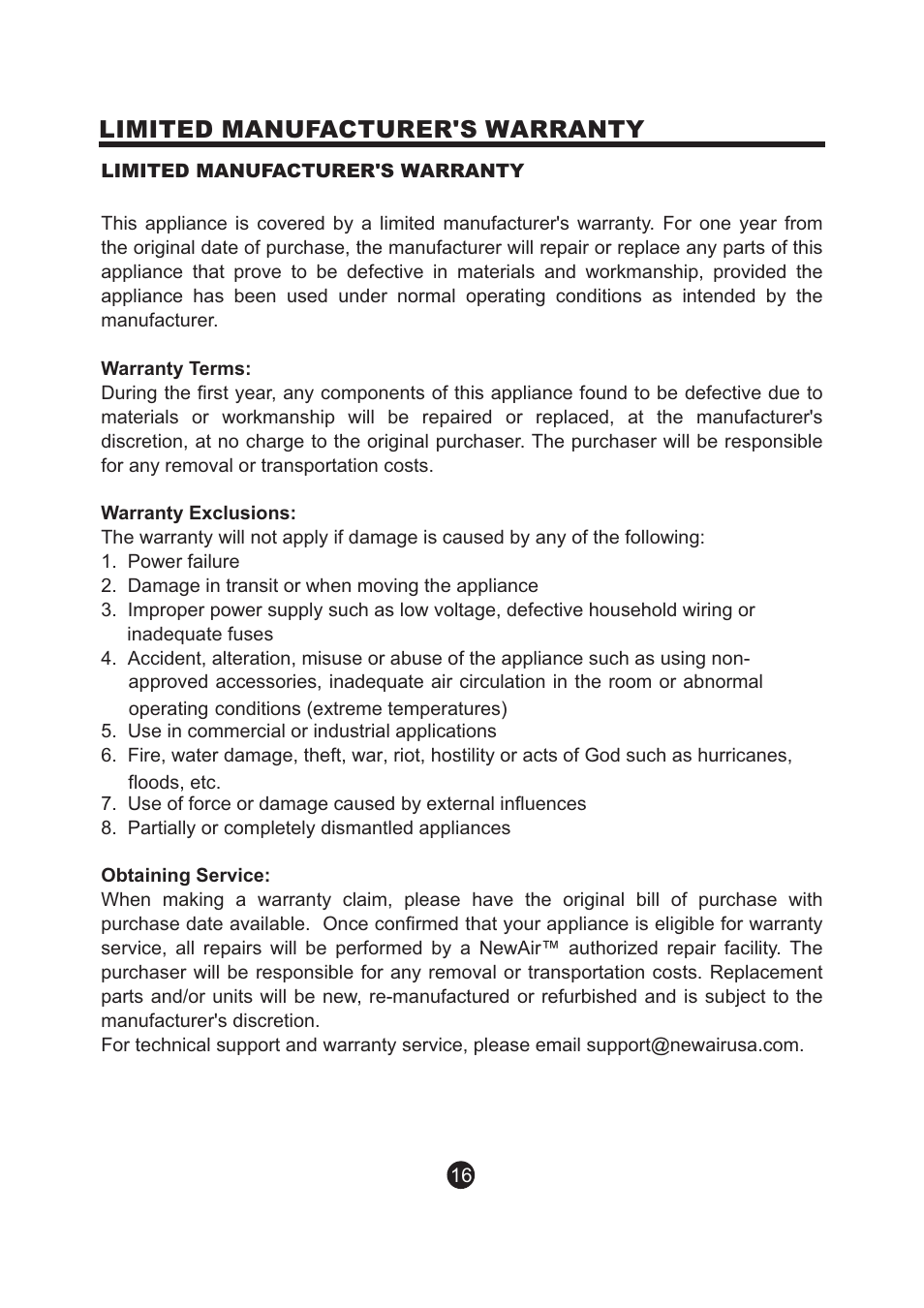 页 17, Limited manufacturer's warranty | NewAir Kegerator AK-200 User Manual | Page 17 / 17