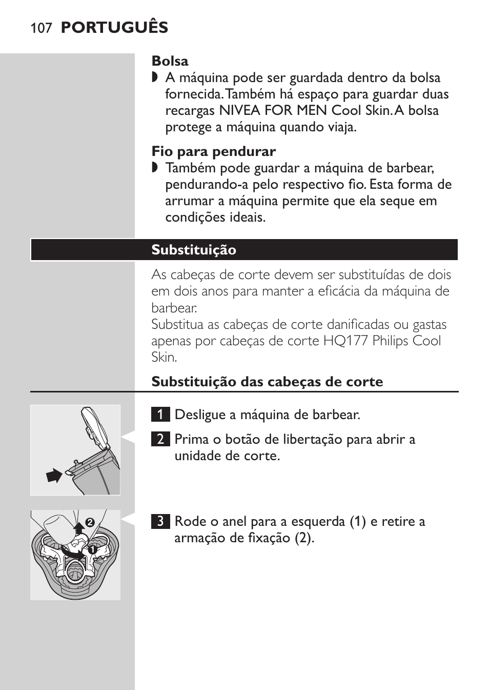 Bolsa, Fio para pendurar, Substituição | Substituição das cabeças de corte, Português | Philips NIVEA FOR MEN Rasierer User Manual | Page 105 / 124