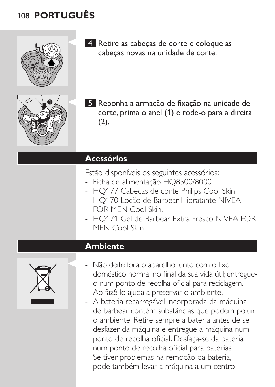 Acessórios, Português | Philips NIVEA FOR MEN Rasierer User Manual | Page 106 / 124