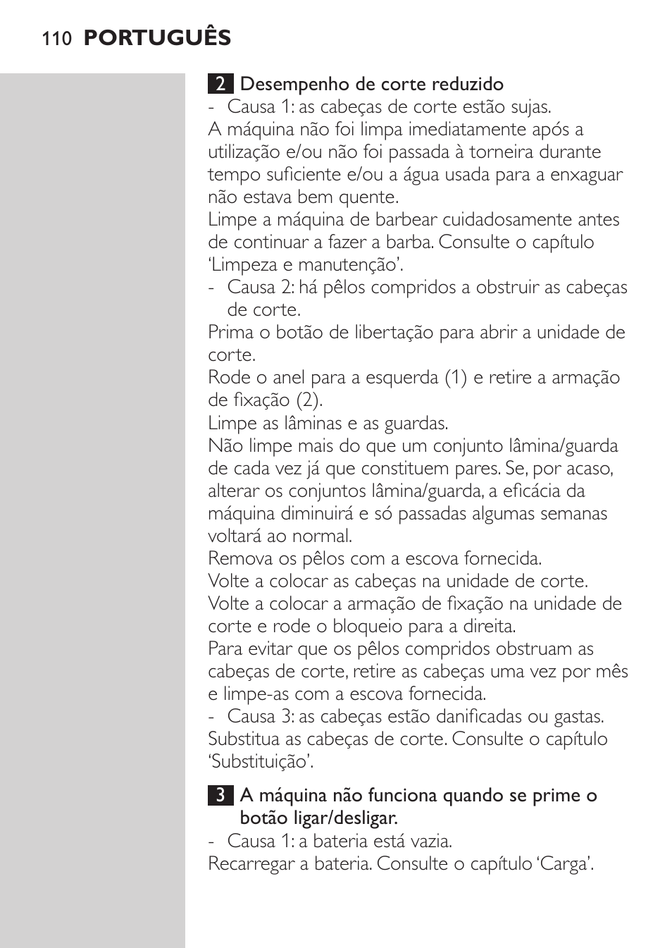 Resolução de problemas | Philips NIVEA FOR MEN Rasierer User Manual | Page 108 / 124