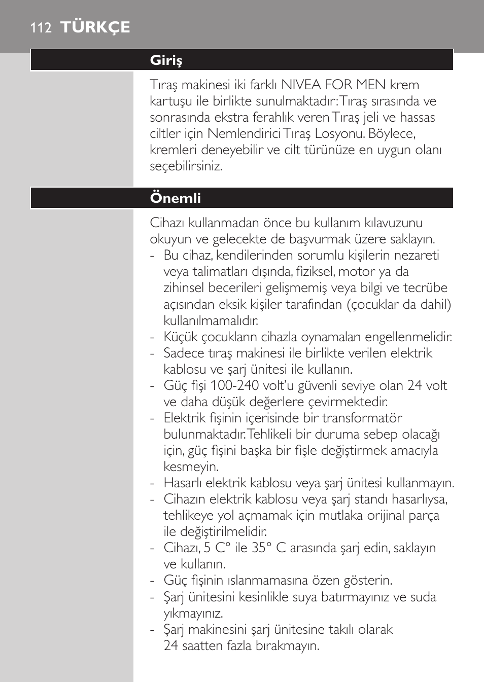 Türkçe, Giriş, Önemli | Philips NIVEA FOR MEN Rasierer User Manual | Page 110 / 124
