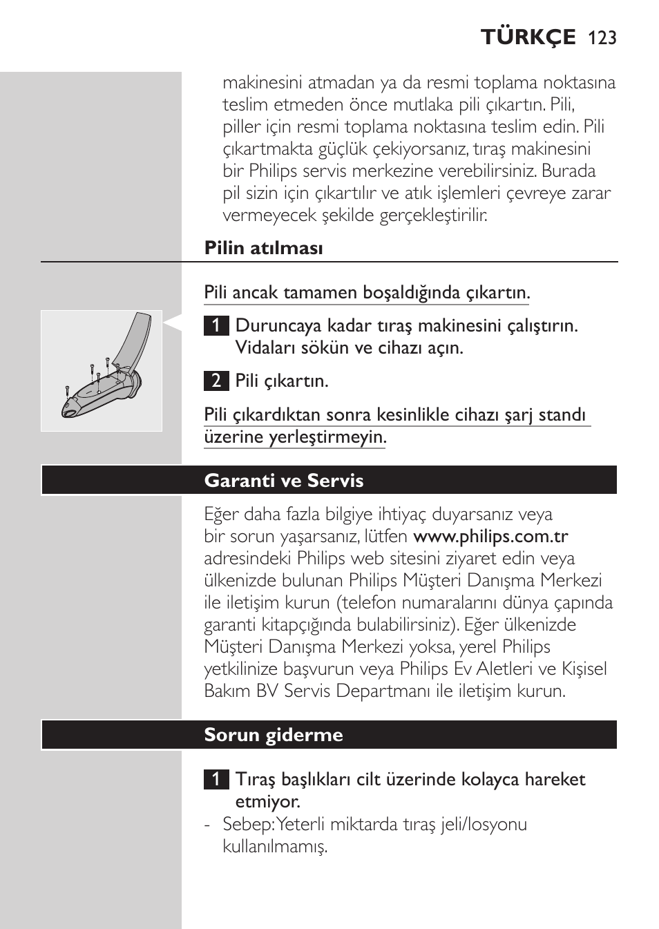 Çevre, Pilin atılması, Garanti ve servis | Philips NIVEA FOR MEN Rasierer User Manual | Page 121 / 124