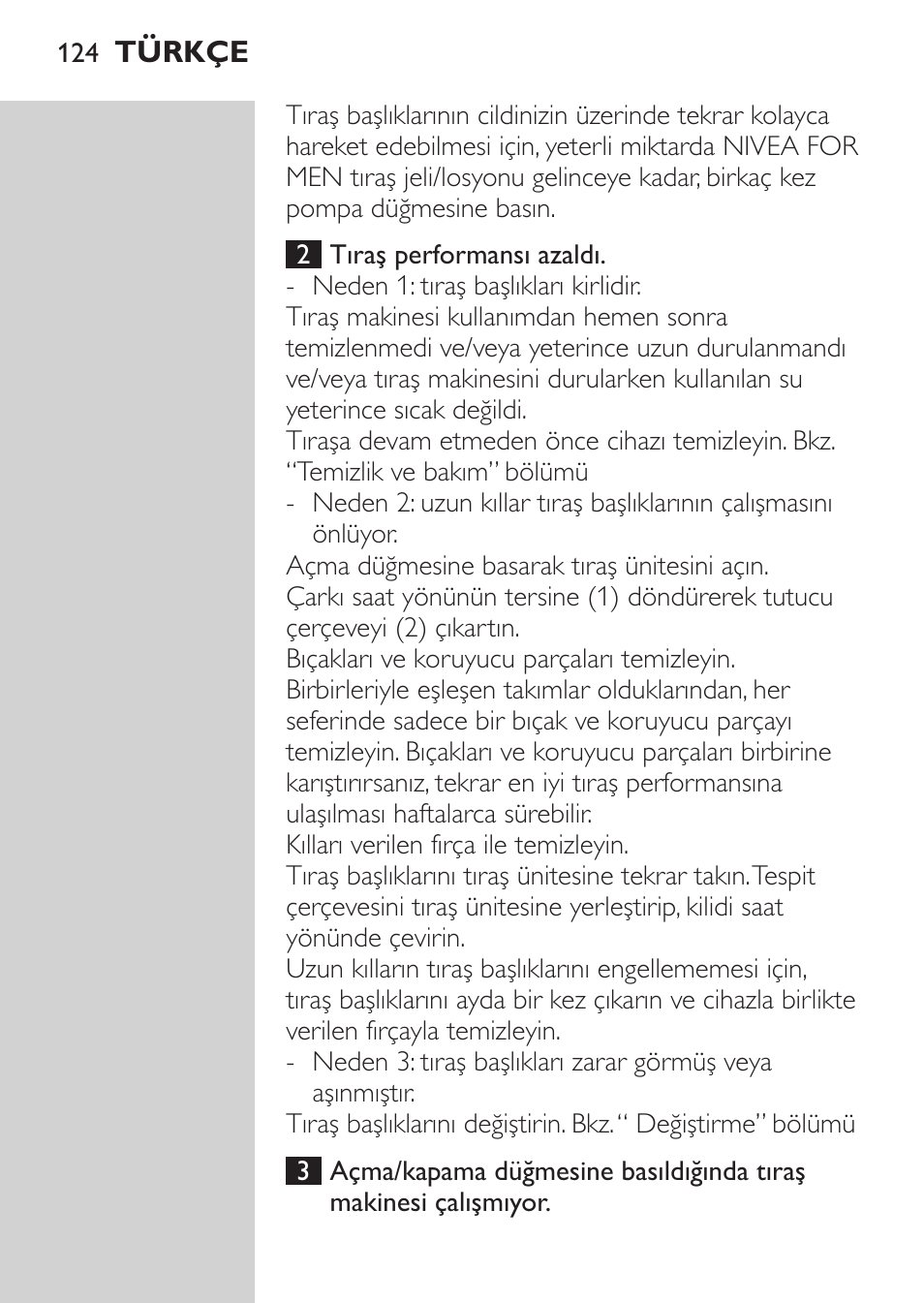 Sorun giderme | Philips NIVEA FOR MEN Rasierer User Manual | Page 122 / 124