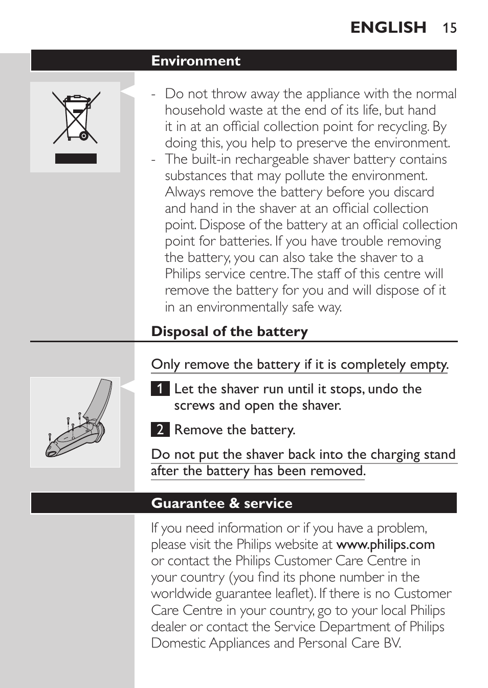 Environment, Disposal of the battery, Guarantee & service | Philips NIVEA FOR MEN Rasierer User Manual | Page 13 / 124