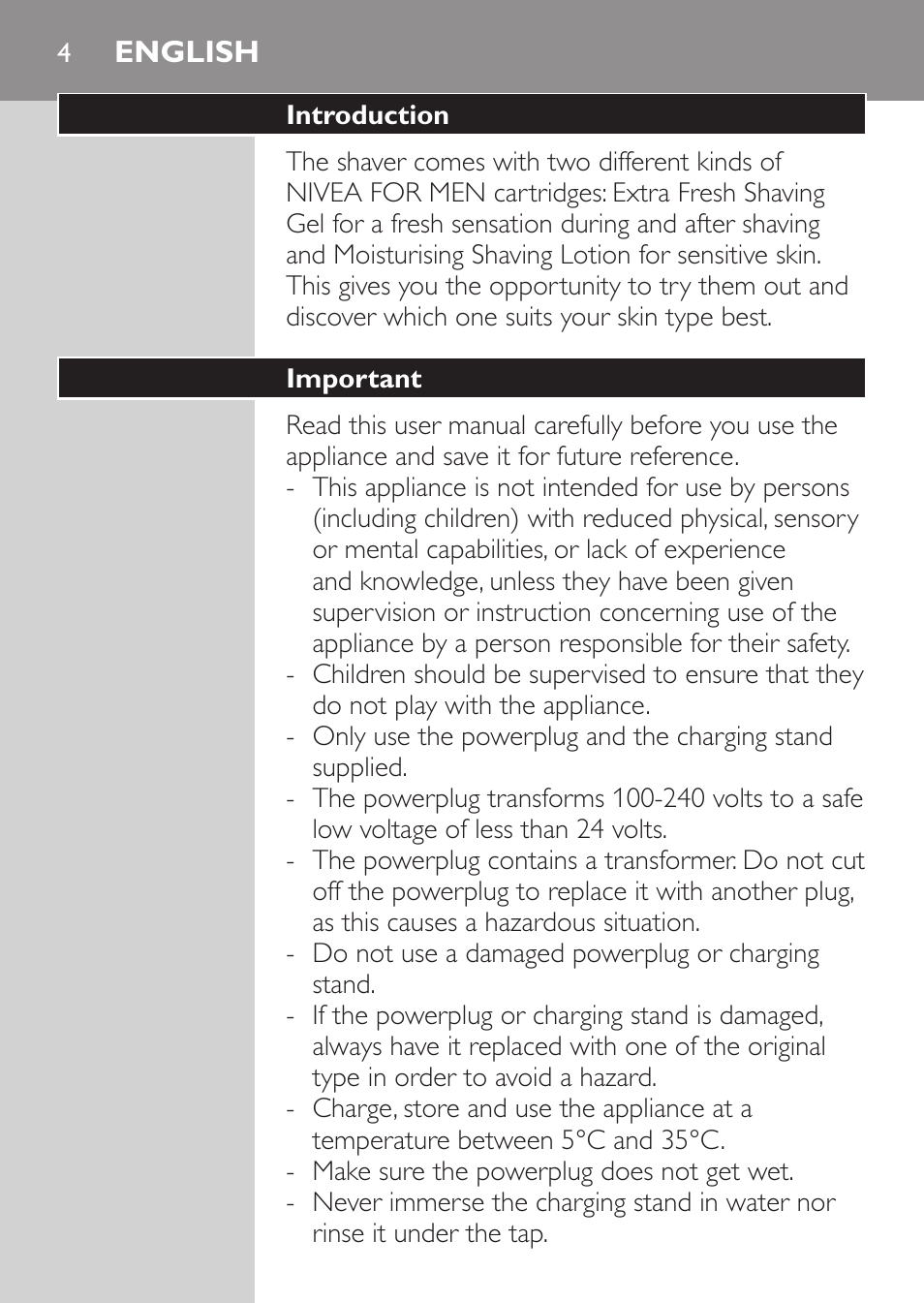 English, Introduction, Important | Philips NIVEA FOR MEN Rasierer User Manual | Page 2 / 124