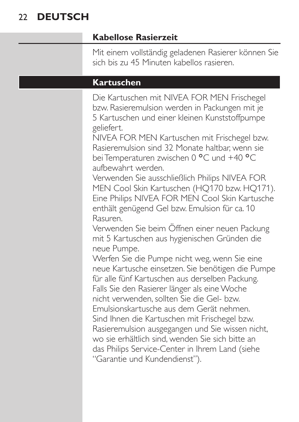 Kabellose rasierzeit, Kartuschen | Philips NIVEA FOR MEN Rasierer User Manual | Page 20 / 124