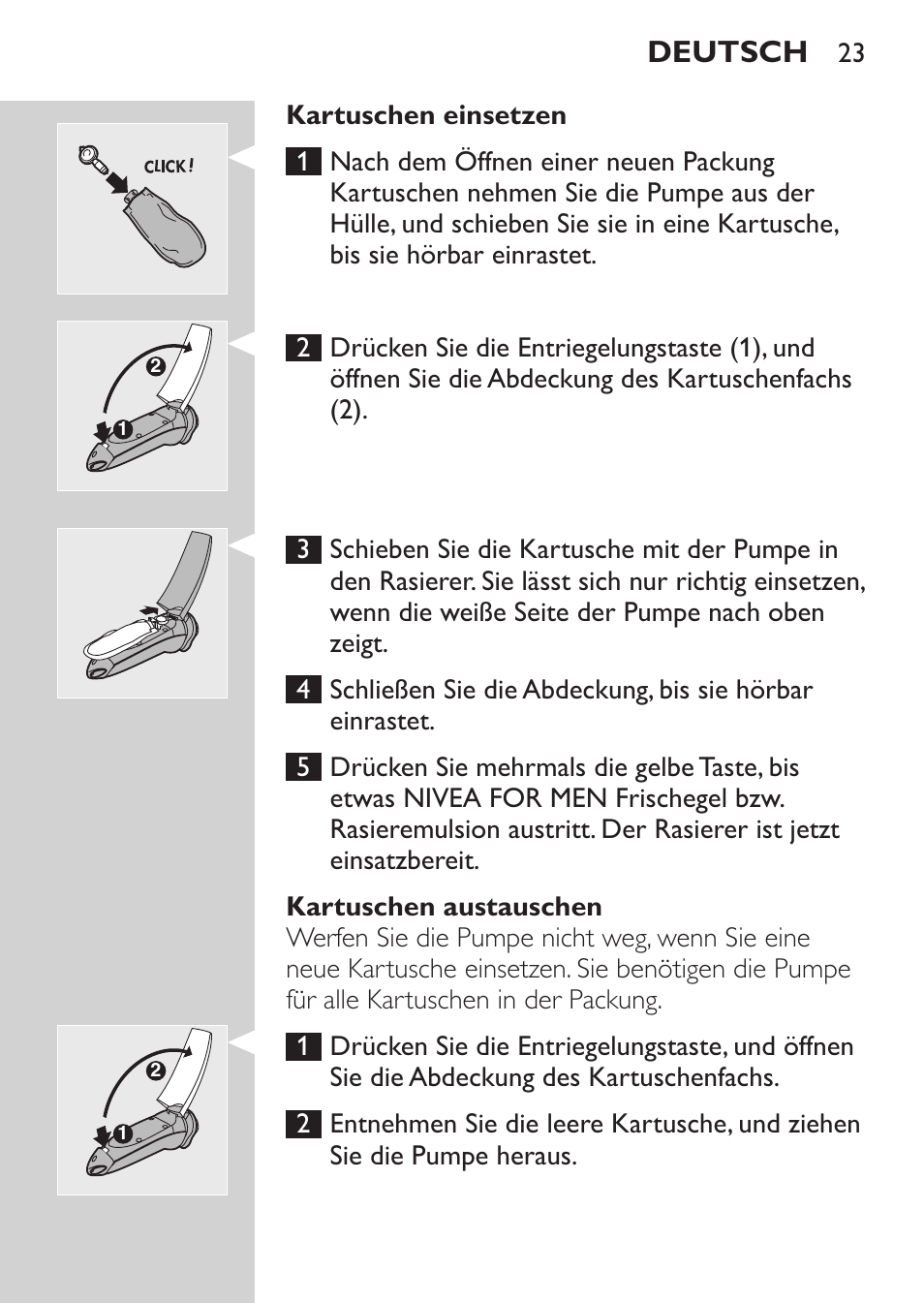 Kartuschen einsetzen, Kartuschen austauschen, Deutsch | Philips NIVEA FOR MEN Rasierer User Manual | Page 21 / 124