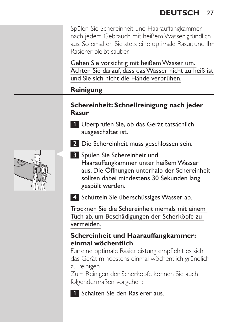 Reinigung und wartung, Reinigung, Schereinheit: schnellreinigung nach jeder rasur | Philips NIVEA FOR MEN Rasierer User Manual | Page 25 / 124