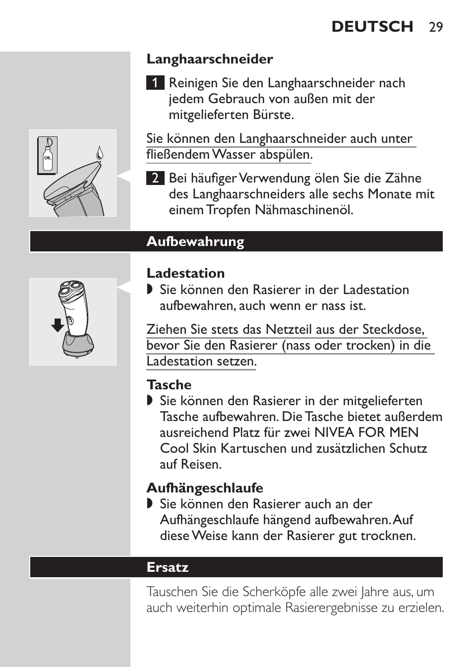 Langhaarschneider, Ladestation, Tasche | Aufhängeschlaufe, Aufbewahrung | Philips NIVEA FOR MEN Rasierer User Manual | Page 27 / 124