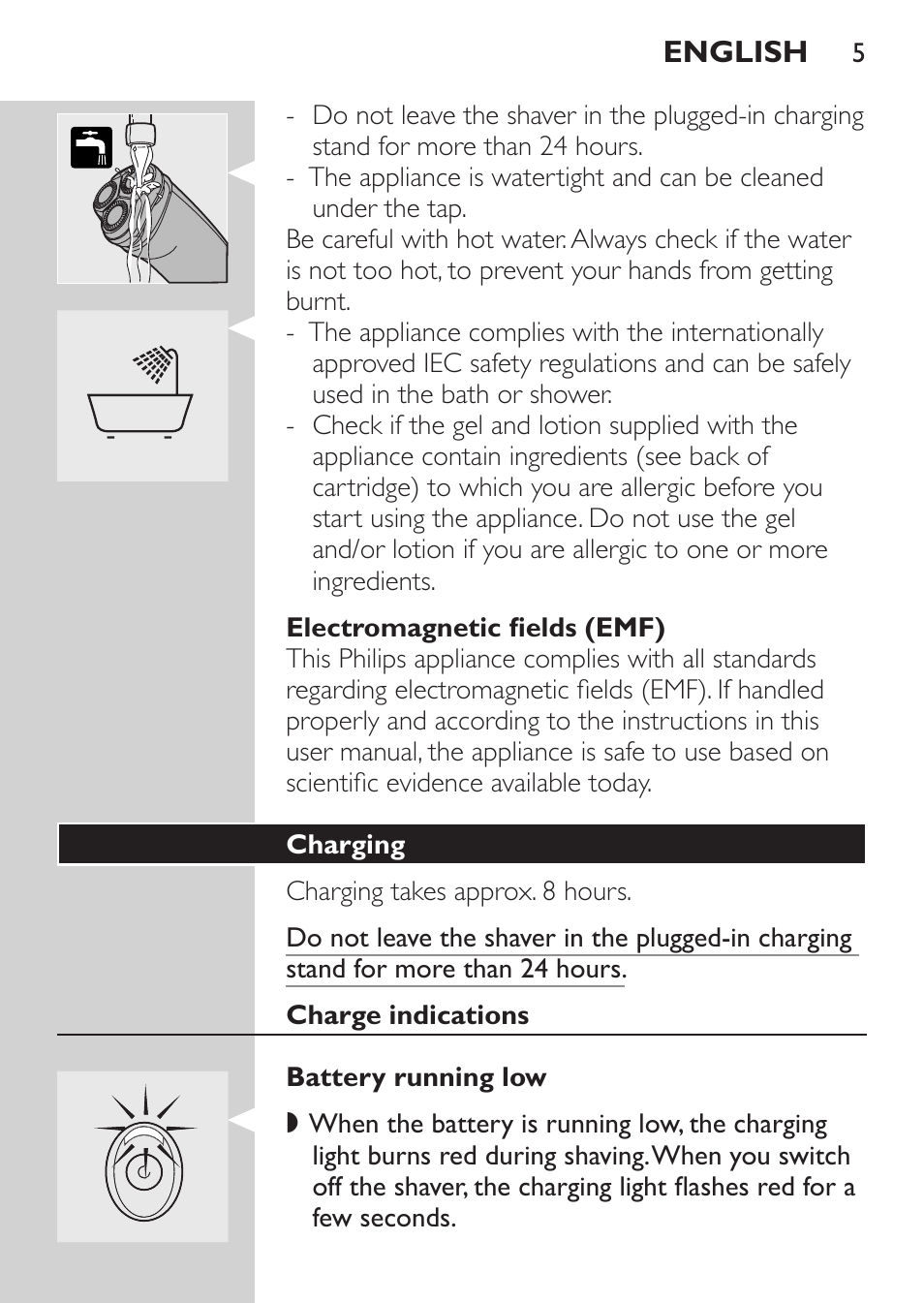 Electromagnetic fields (emf), Charging, Charge indications | Battery running low | Philips NIVEA FOR MEN Rasierer User Manual | Page 3 / 124