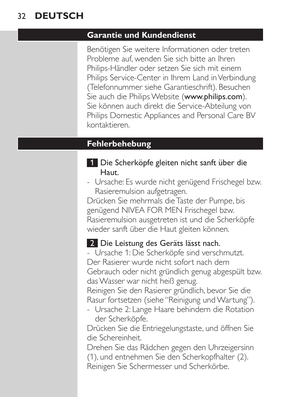 Garantie und kundendienst, Fehlerbehebung | Philips NIVEA FOR MEN Rasierer User Manual | Page 30 / 124