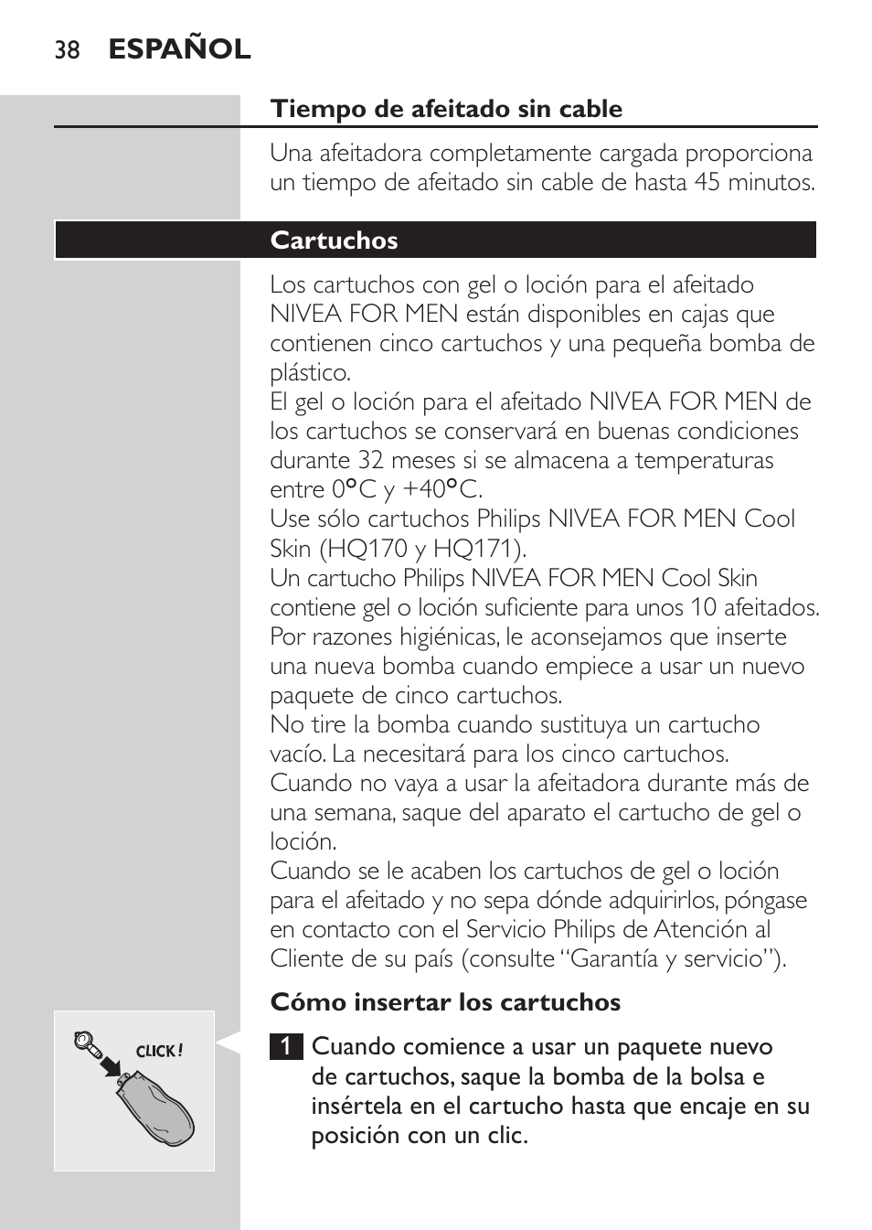 Tiempo de afeitado sin cable, Cartuchos | Philips NIVEA FOR MEN Rasierer User Manual | Page 36 / 124