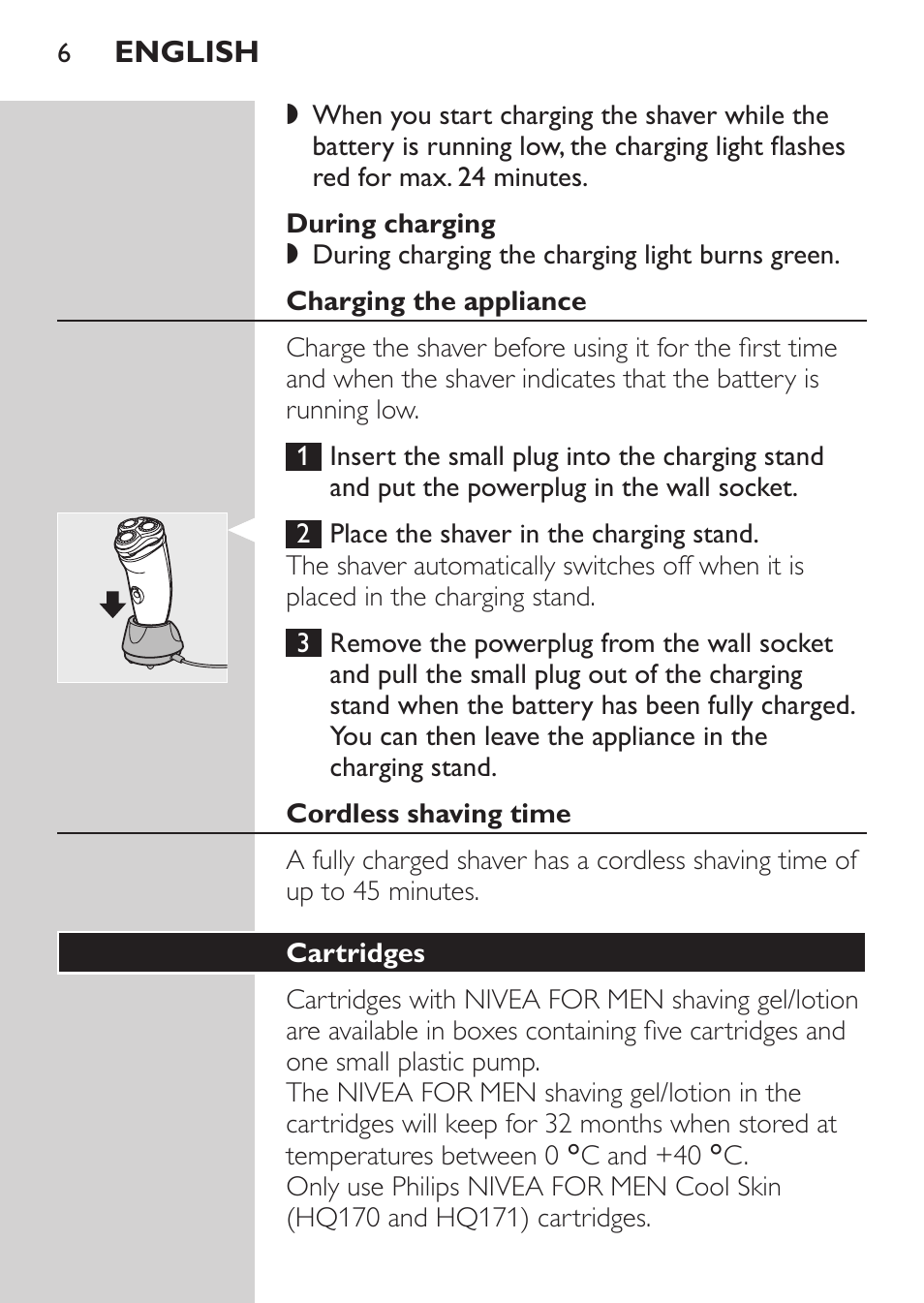 During charging, Charging the appliance, Cordless shaving time | Cartridges | Philips NIVEA FOR MEN Rasierer User Manual | Page 4 / 124