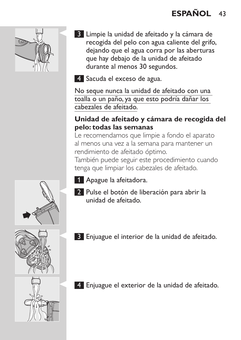 Limpieza, Español | Philips NIVEA FOR MEN Rasierer User Manual | Page 41 / 124