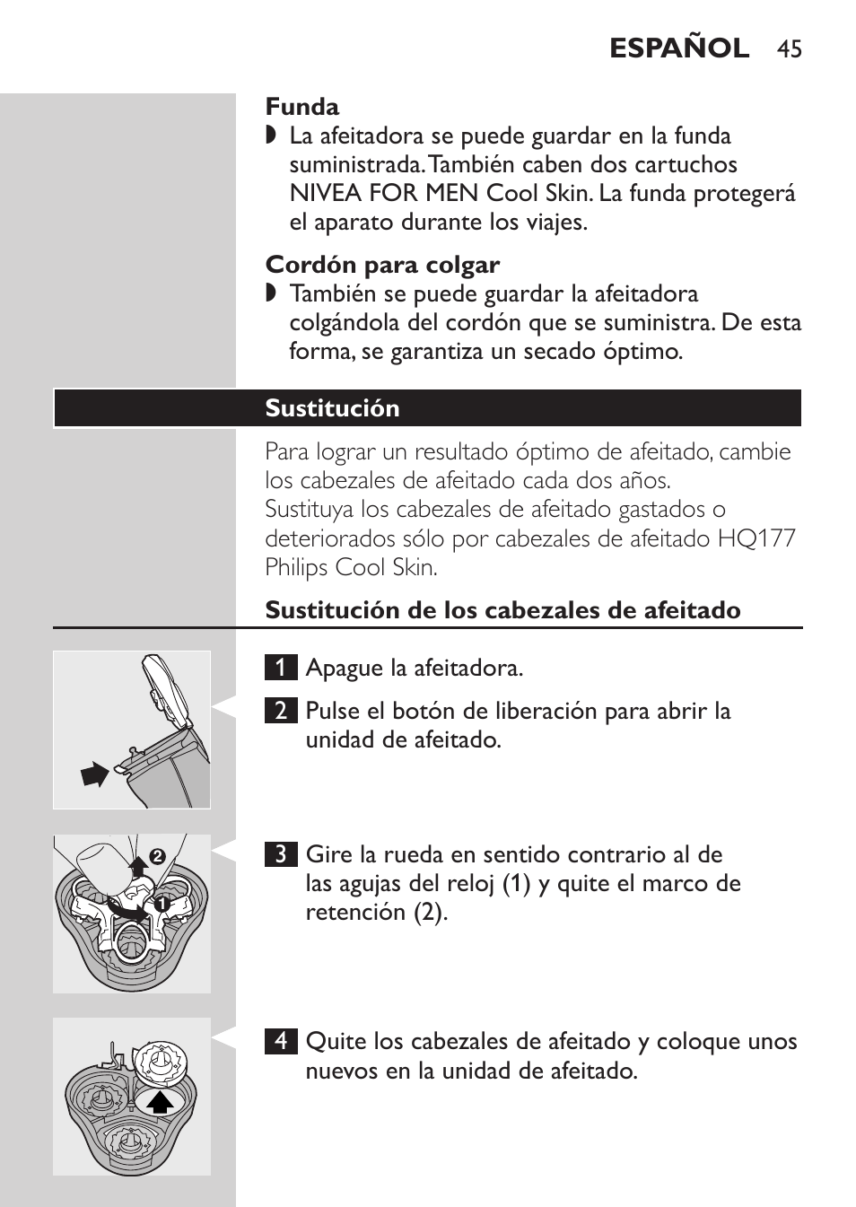 Cortapatillas, Soporte de carga, Funda | Cordón para colgar, Almacenamiento, Sustitución, Español | Philips NIVEA FOR MEN Rasierer User Manual | Page 43 / 124