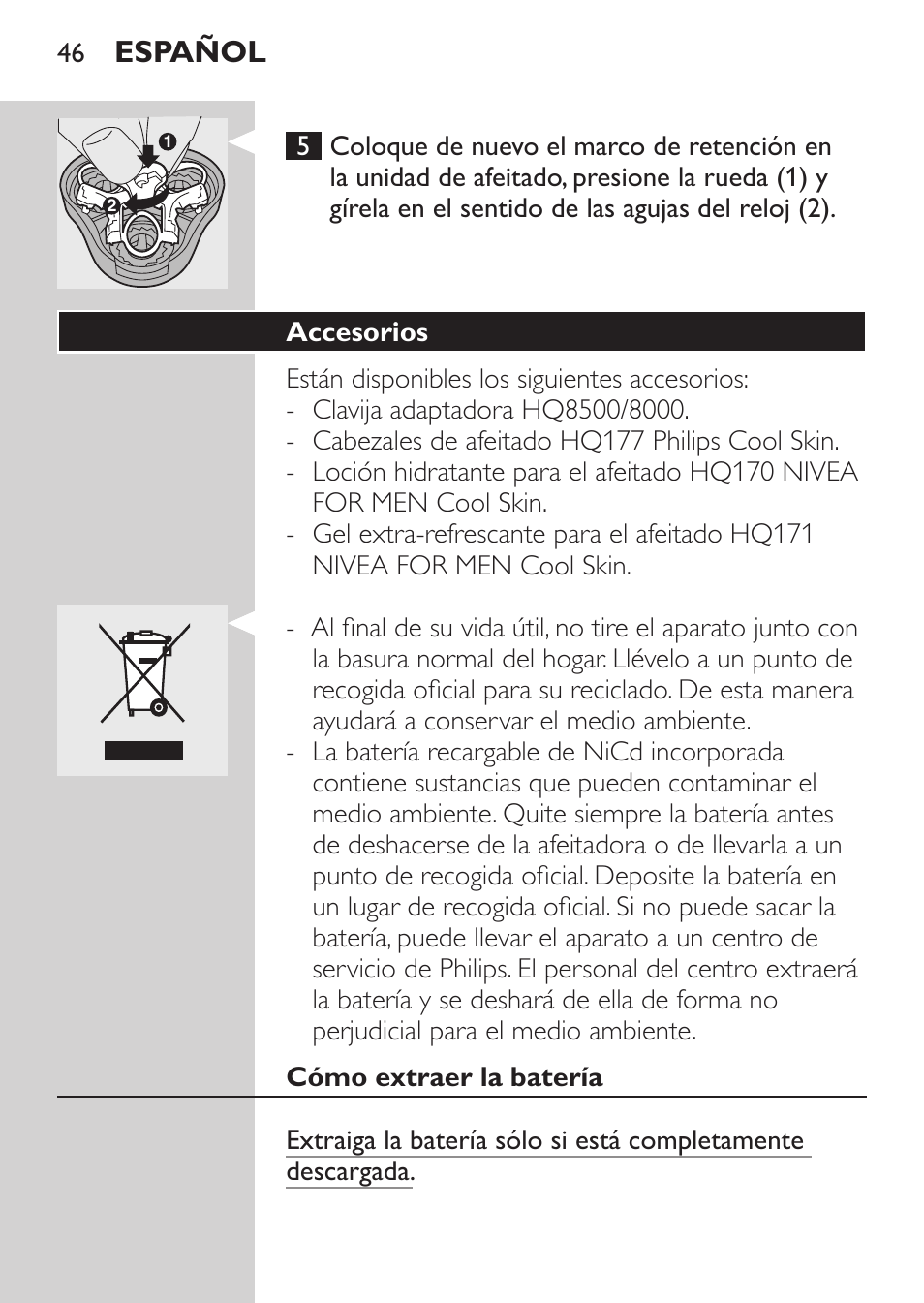 Sustitución de los cabezales de afeitado, Accesorios, Español | Philips NIVEA FOR MEN Rasierer User Manual | Page 44 / 124