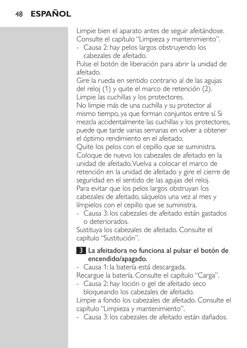 Guía de resolución de problemas | Philips NIVEA FOR MEN Rasierer User Manual | Page 46 / 124