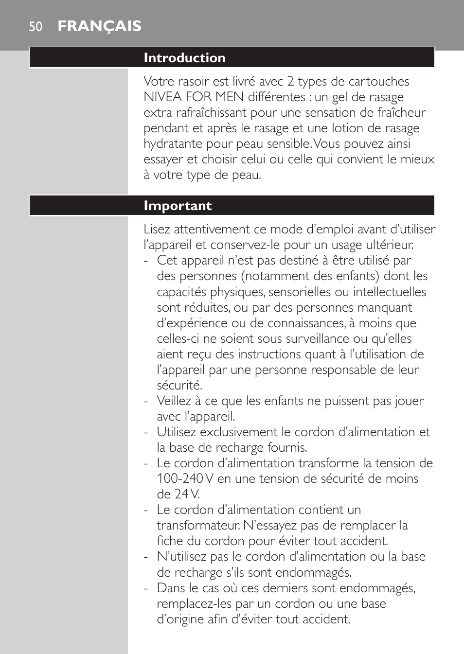 Français, Introduction, Important | Philips NIVEA FOR MEN Rasierer User Manual | Page 48 / 124