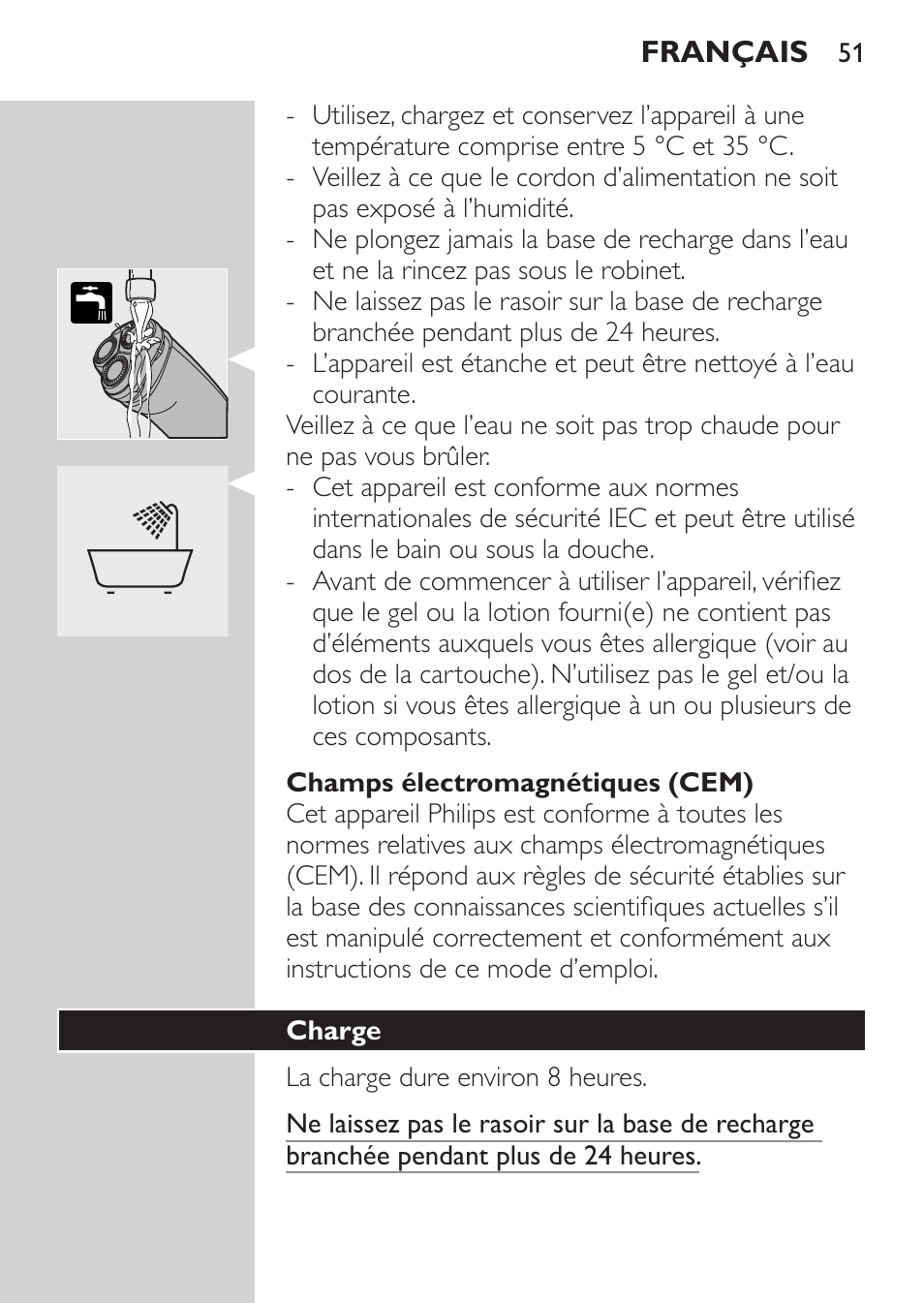 Champs électromagnétiques (cem), Charge | Philips NIVEA FOR MEN Rasierer User Manual | Page 49 / 124